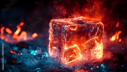 A large ice cube glows red from the heat of flames behind it.