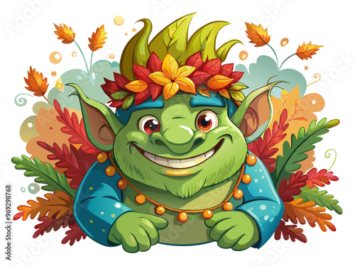 a colorful illustration of a cheerful, cartoonish troll-like creature with green skin. It has large, pointed ears and a big, friendly smile showing its teeth. The creature has bright, multicolored hai