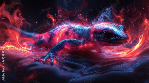 Semiabstract salamander crawling through neon flames symbolizing resilience transformation and renewal photo