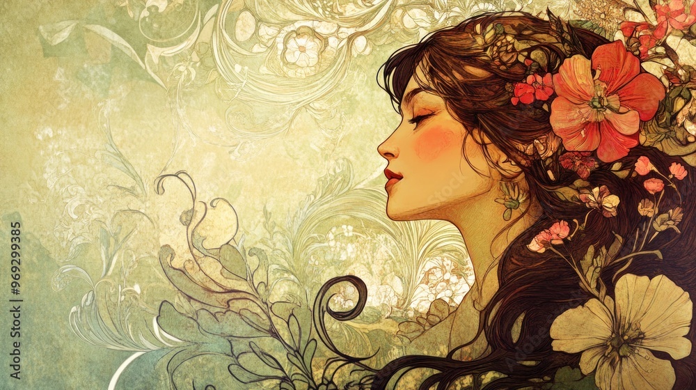 Woman with Flowers, Art Nouveau Style