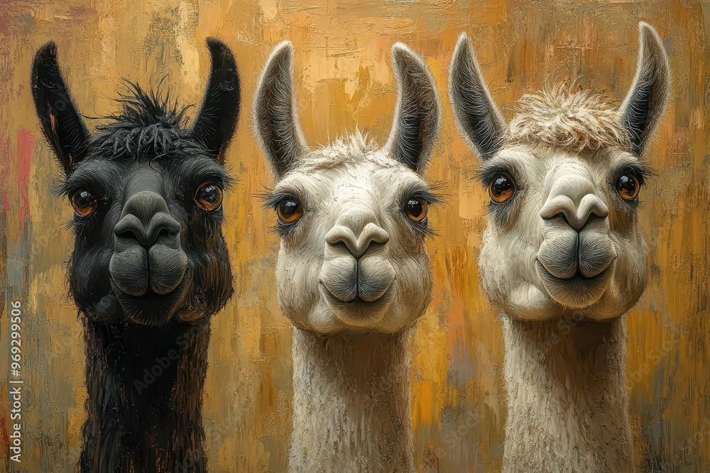 Obraz premium whimsical portrait of three llamas with quirky expressions and tilted heads closeup view captures their unique personalities against a softfocus background