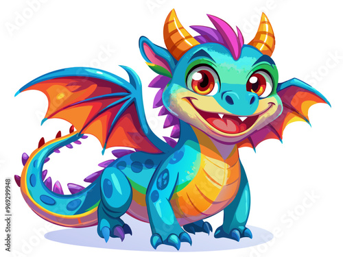 a colorful cartoon illustration of a baby dragon. The dragon has a bright blue body with a yellow belly and purple spots. It has large, expressive orange eyes and a wide