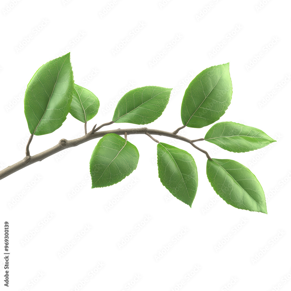 Fototapeta premium A single branch with vibrant green leaves, isolated on a white background, showcasing the beauty of nature and perfect for botanical designs or nature themes.