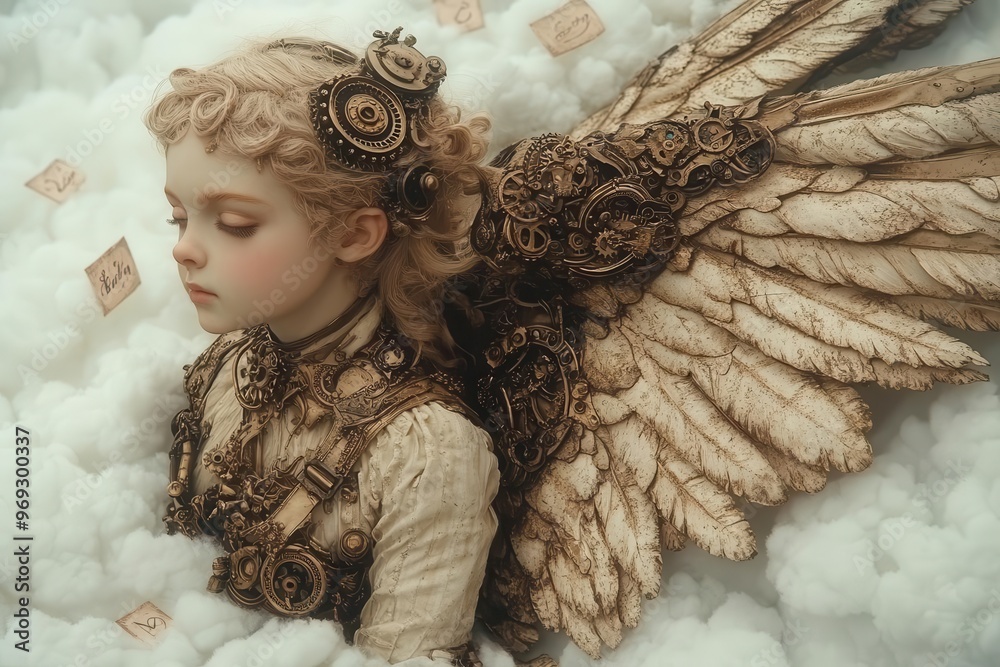 Fototapeta premium whimsical steampunk cupid with brass wings clockwork bow gears and cogs sepiatoned victorianinspired floating amidst clouds delicate filigree details love letters swirling