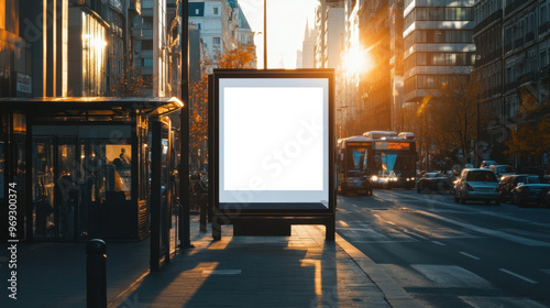 Empty billboard on urban street during sunset, perfect for advertisement template