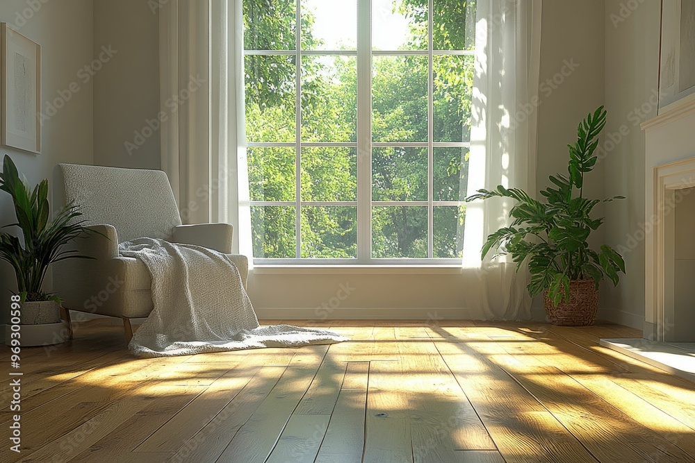 Fototapeta premium Bright, serene living space with a cozy chair and natural light.