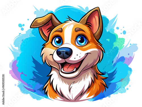 a colorful, cartoon-style illustration of a happy dog. The dog has a big smile, bright blue eyes, and perky ears. Its fur is a mix of orange, white, and brown, giving it a lively and cheerful appearan