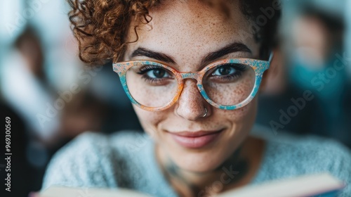 Tattooed young individual wearing bright, artistic glasses looks up from a book, smiling gently, indicating a moment of contemplation and thoughtfulness in a creative setting.