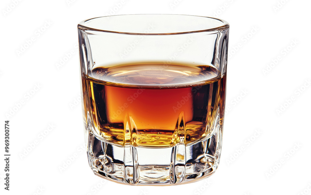 A clear glass tumbler filled with amber-colored whiskey isolated on a white background, showcasing the rich hues and clarity of the liquid.