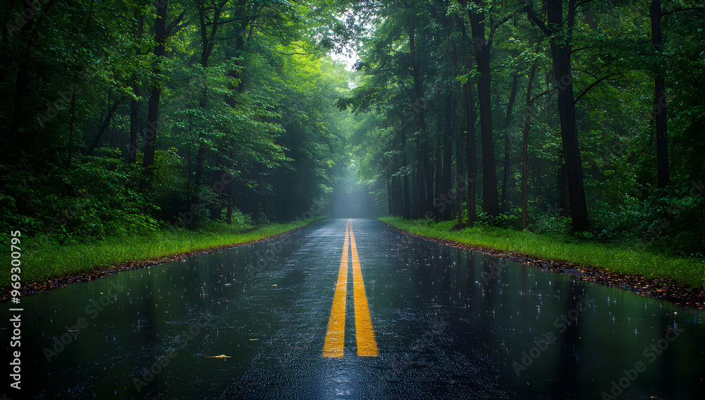 Obraz premium A serene road through a lush forest after rain, reflecting the vibrant greenery and creating a tranquil atmosphere for nature lovers.