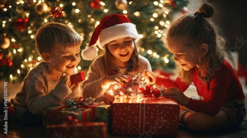Kids gathered around the Christmas tree, excitedly opening presents on Christmas morning, glowing lights, copy space for stock photo with minimal concept, No logo, No Trademark, No text