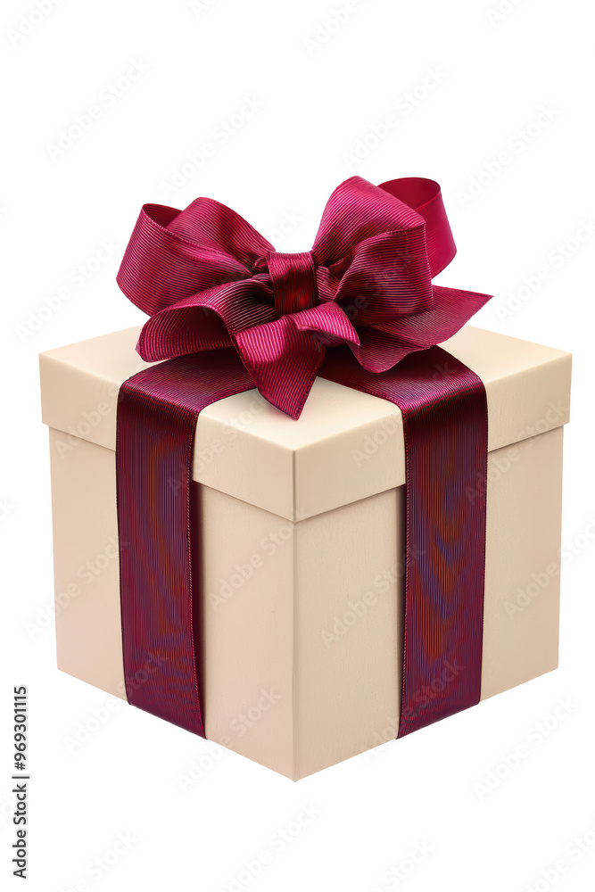Obraz premium Elegant cream gift box with a luxurious burgundy ribbon, perfect for a special occasion or celebration. Ideal for presents, parties, and holiday events.