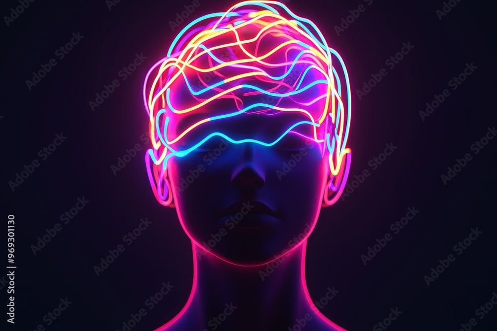 Creative mind with neon light trails, glowing concept ideas, 3D illustration