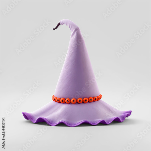 Cute pastel witch hat featuring a tall, pointed design with ruffles and colorful buttons, standing on a white background. Ideal for playful and kid-friendly Halloween decor or magical illustrations.