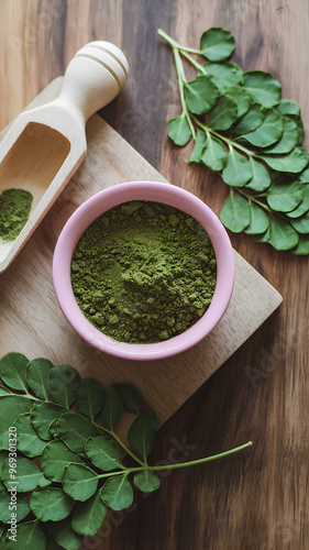 Moringa leaves and powder, alternate and herbal medicine photo