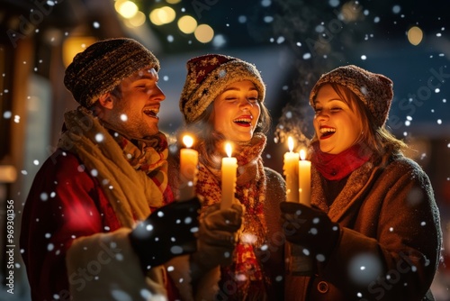 Christmas carolers singing joyfully while holding lit candles, festive cheer in a snowy village, copy space for stock photo with minimal concept, No logo, No Trademark, No text