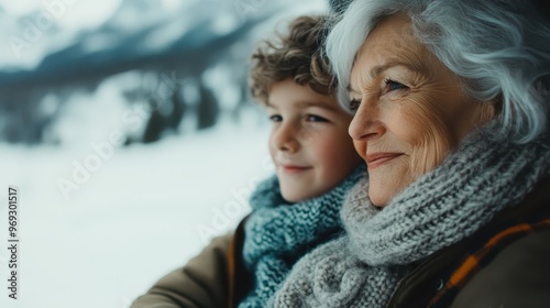 An elderly woman and her grandchild warmly wrapped in winter clothes, sharing a moment of peace while enjoying the snow-covered mountains in the background.