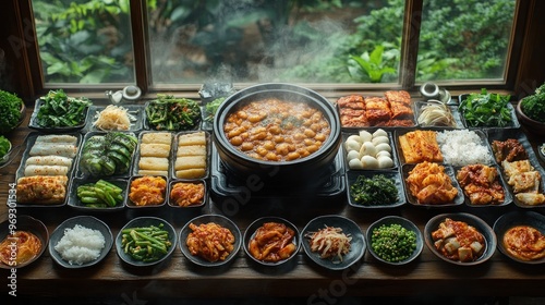 A vibrant spread of Korean dishes arranged for a feast.