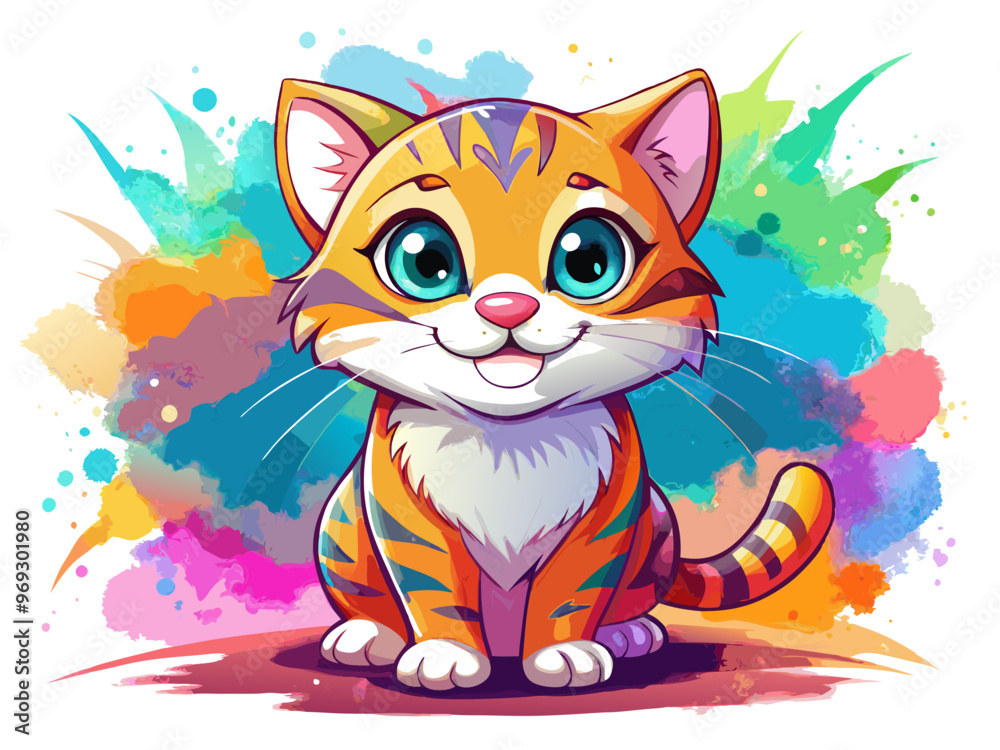 a colorful, cartoon-style illustration of a cute, smiling kitten. The kitten has orange fur with black stripes, resembling a tiger. It has large, bright blue eyes and a small pink nose