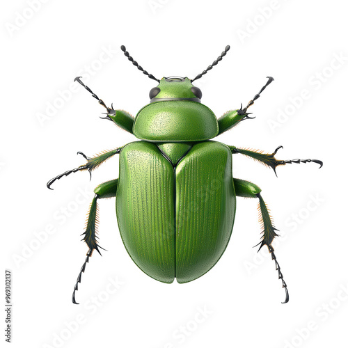 Detailed close-up image of a green beetle isolated on a white background, showcasing its intricate features and vivid coloration.