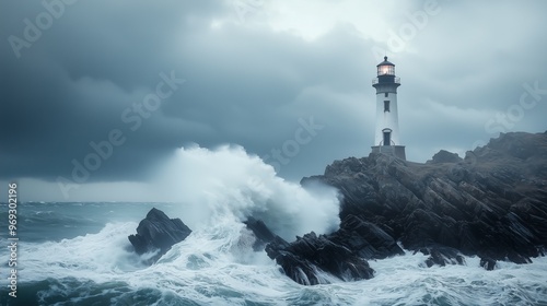 This image depicts a powerful coastal scene where ocean waves crash against rugged rocks, with a solitary lighthouse standing tall on the rocky outcrop.