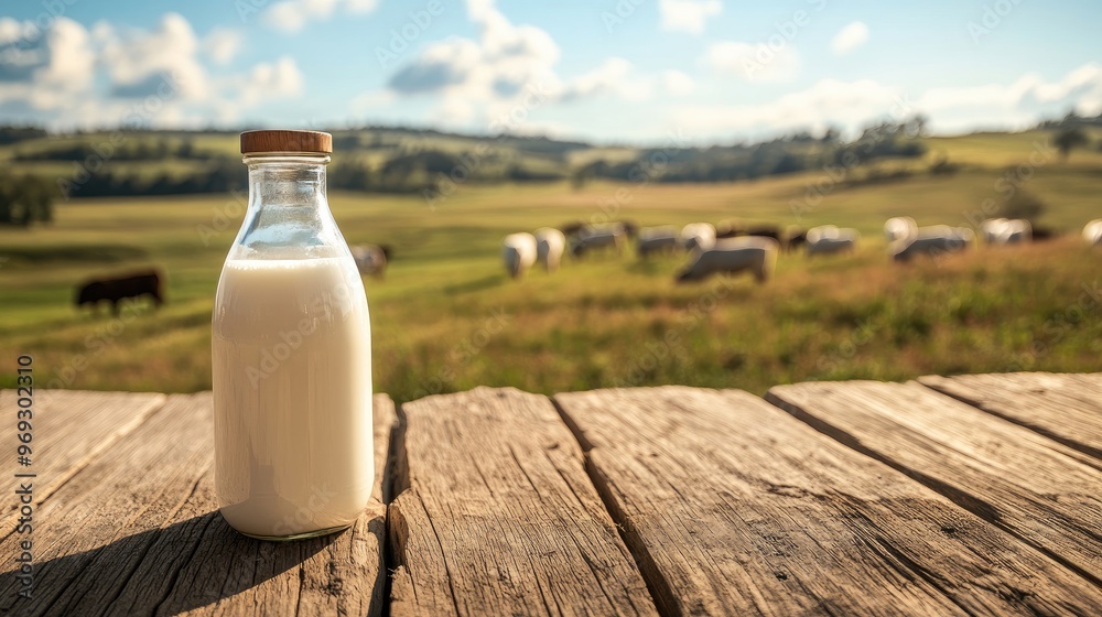 Fresh milk in a bottle on rustic wood, with a backdrop of cattle and a sprawling farm under a clear blue sky. Fresh milk in a bottle on rustic wood, with a backdrop of cattle and a sprawling farm under a clear blue sky.