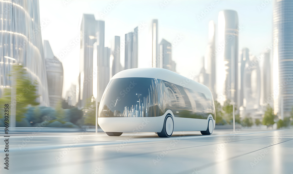 Electric and autonomous bus against futuristic cityscape. Self driving ...