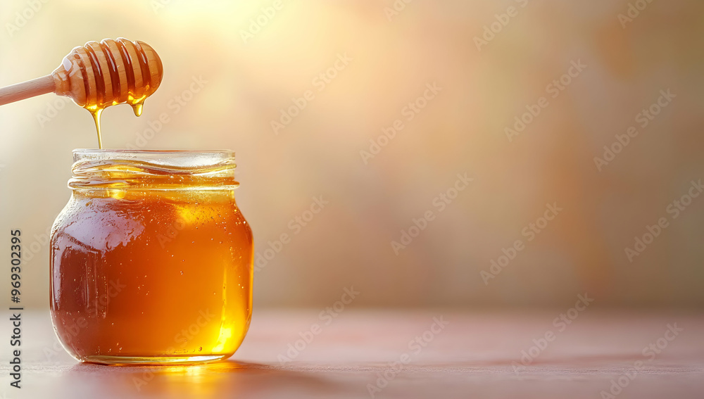 A close-up of a honey jar with golden honey dripping from a wooden dipper, set against a warm, blurred background. A close-up of a honey jar with golden honey dripping from a wooden dipper, set against a warm, blurred background.
