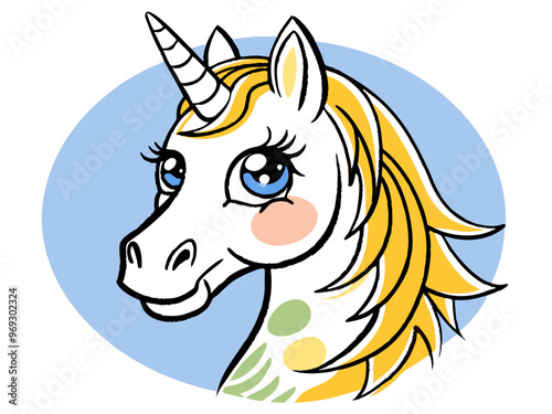 a cartoon illustration of a unicorn's head. The unicorn has a white face with large, expressive blue eyes and long eyelashes. It has a single spiraled horn on its forehead