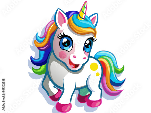 a cartoon illustration of a cute unicorn. The unicorn has a white body with a rainbow-colored mane and tail, featuring shades of blue, green, yellow, orange, and pink