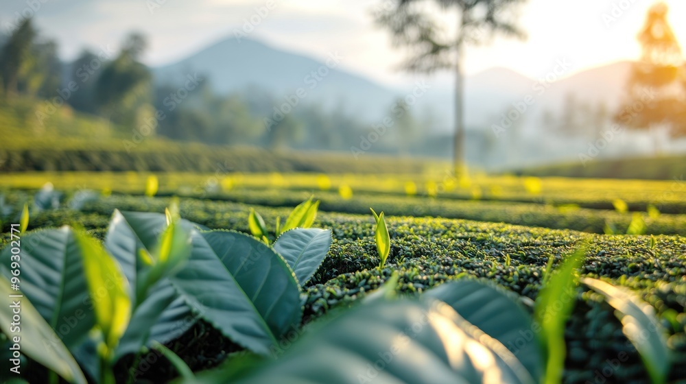 Fototapeta premium Sunrise illuminates fresh tea leaves, creating a serene moment in nature's embrace