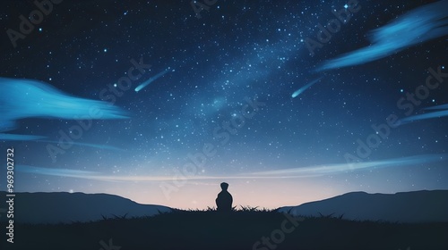 Silhouette of a Man Looking at Starry Night Sky with Shooting Stars