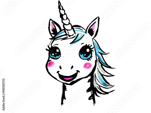 a cartoon drawing of a unicorn's head. The unicorn has a white face with large, expressive blue eyes and long eyelashes. It has a spiraled horn on its forehead and two pointed ears