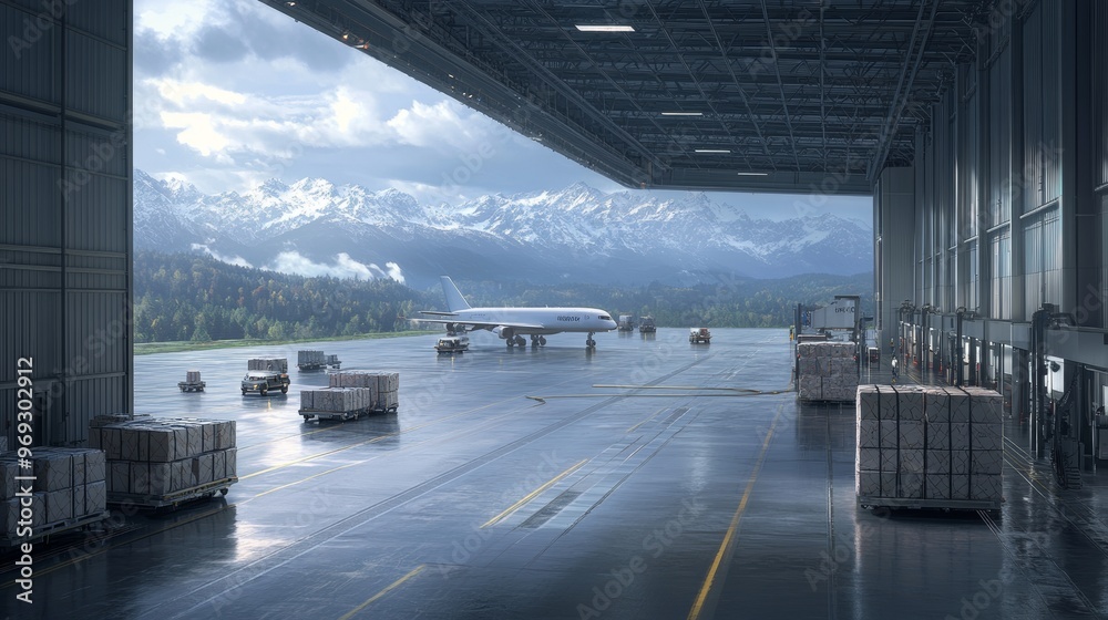 Airplane in Hangar with Mountain View. Airplane in Hangar with Mountain View.