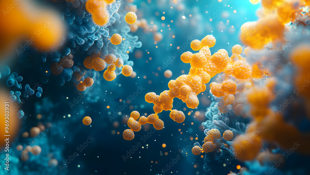 A vibrant, close-up view of abstract molecular structures with glowing orange elements in a dynamic blue background.