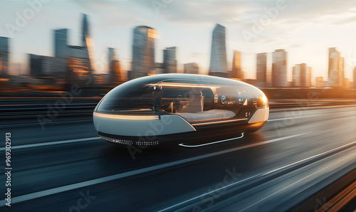 Flying car. Autonomous car and taxi with a bed inside against futuristic city. Full self driving car in the high tech urban environment. Urban transportation.  photo