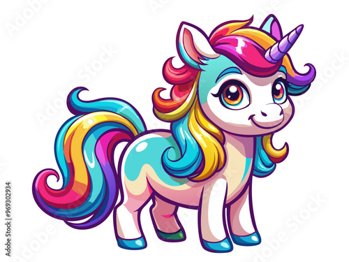  a colorful cartoon illustration of a unicorn. The unicorn has a cheerful expression with large, bright eyes. Its mane and tail are vibrant, featuring a rainbow of colors including red, orange, yellow