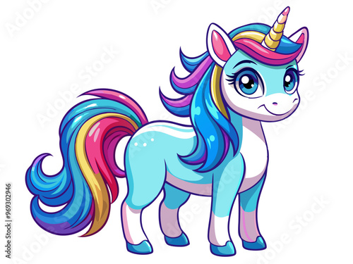 a cartoon illustration of a cute unicorn. The unicorn has a light blue body with a white face and underbelly. It has large, expressive blue eyes and a small smile. Its mane and tail are colorful