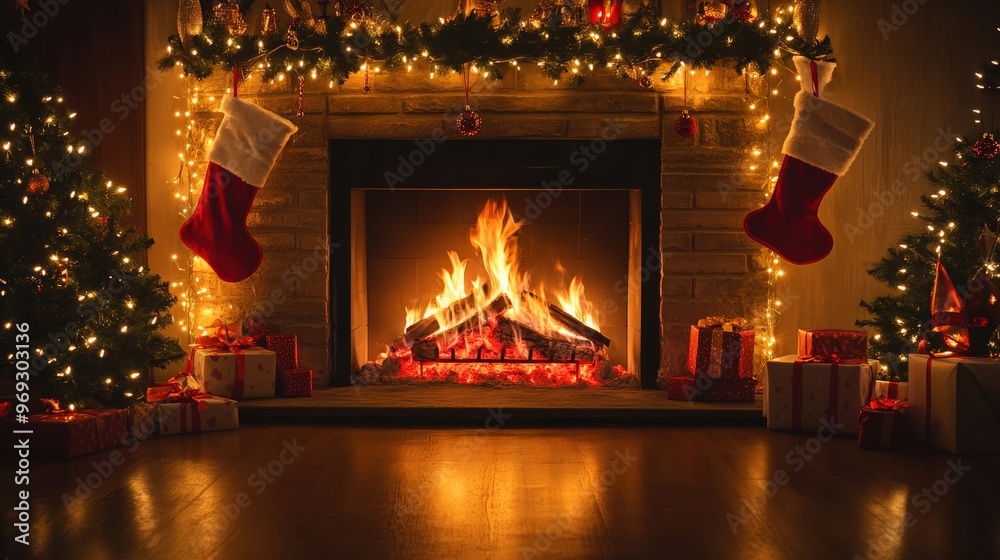 A warm, glowing fireplace decorated with Christmas lights, stockings, and garland, cozy holiday scene, copy space for stock photo with minimal concept, No logo, No Trademark, No text A warm, glowing fireplace decorated with Christmas lights, stockings, and garland, cozy holiday scene, copy space for stock photo with minimal concept, No logo, No Trademark, No text