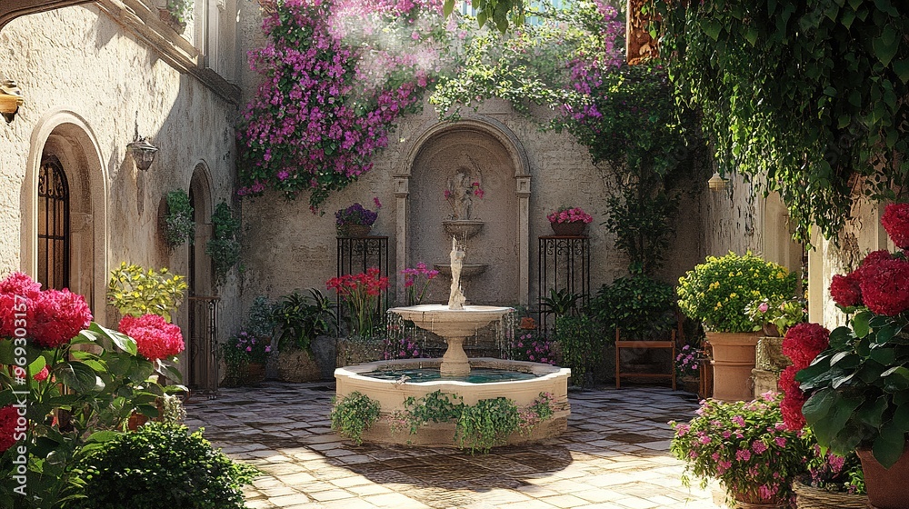 Fototapeta premium A charming hidden courtyard in a city with vibrant flowers and a small fountain
