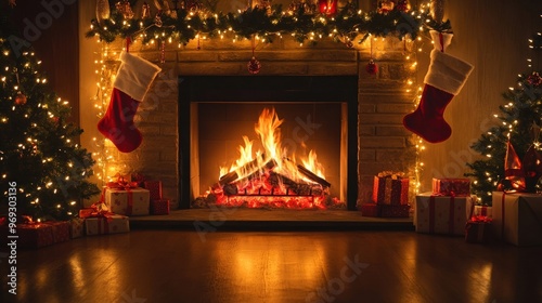 A warm, glowing fireplace decorated with Christmas lights, stockings, and garland, cozy holiday scene, copy space for stock photo with minimal concept, No logo, No Trademark, No text
