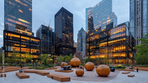 A stunning city plaza featuring modern architecture, vibrant lights, and artistic sculptures surrounded by skyscrapers.
