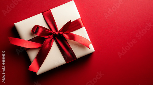 A beautifully wrapped gift box with a red ribbon on a vibrant red background, perfect for celebrations and special occasions.