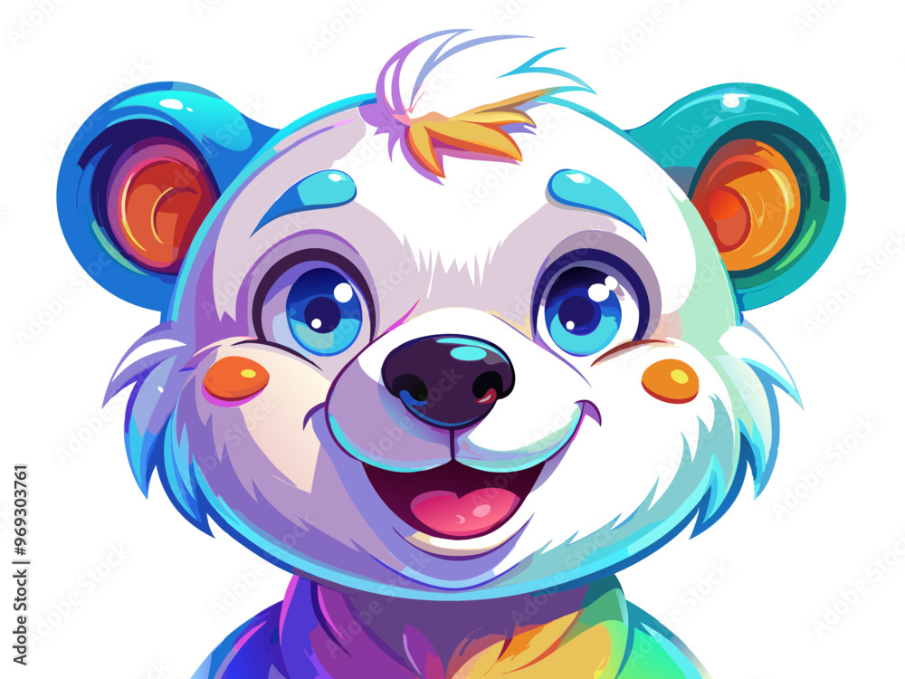 a colorful, cartoon-style illustration of a bear's face. The bear has a cheerful expression with big, bright blue eyes and a wide, open-mouthed smile. Its fur is predominantly white with shades of blu a colorful, cartoon-style illustration of a bear's face. The bear has a cheerful expression with big, bright blue eyes and a wide, open-mouthed smile. Its fur is predominantly white with shades of blu