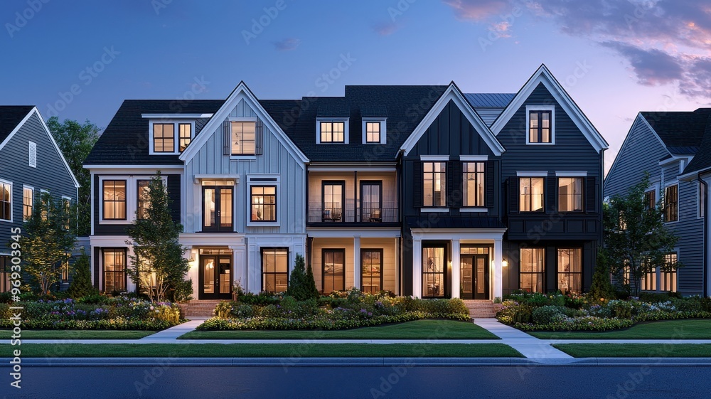 Beautiful modern homes with stylish architecture, warmly lit during twilight, showcasing inviting neighborhood charm. Beautiful modern homes with stylish architecture, warmly lit during twilight, showcasing inviting neighborhood charm.