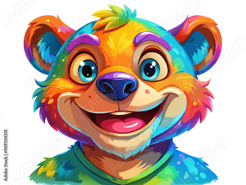 a colorful illustration of a cartoon bear's face. The bear has a cheerful and friendly expression, with big, bright eyes and a wide smile showing its teeth. Its fur is a vibrant mix of colors