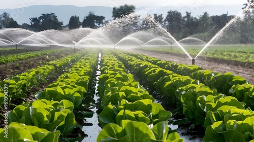 Irrigation System Sprinkling Water on Rows of Green Lettuce Plants