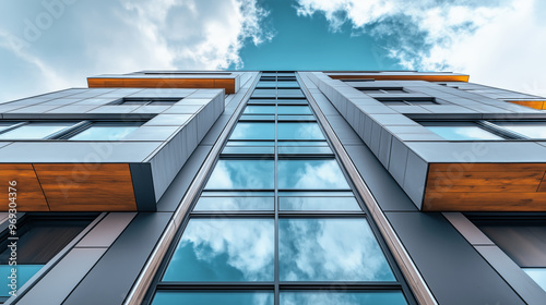 Low-angle view of a modern building with glass windows and wooden accents against a cloudy sky