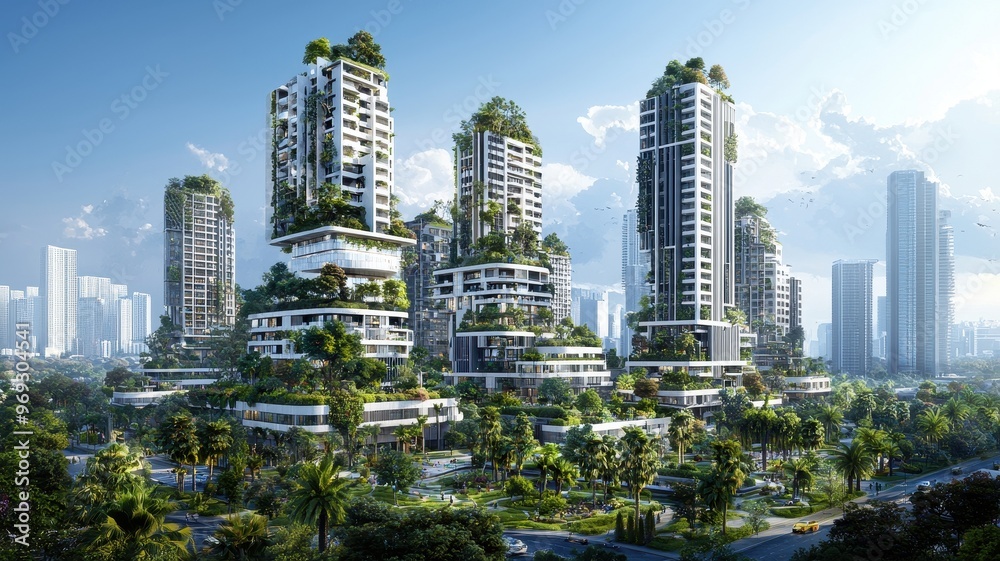Naklejka premium Futuristic urban skyline featuring eco-friendly skyscrapers and lush greenery, promoting sustainable architectural design.