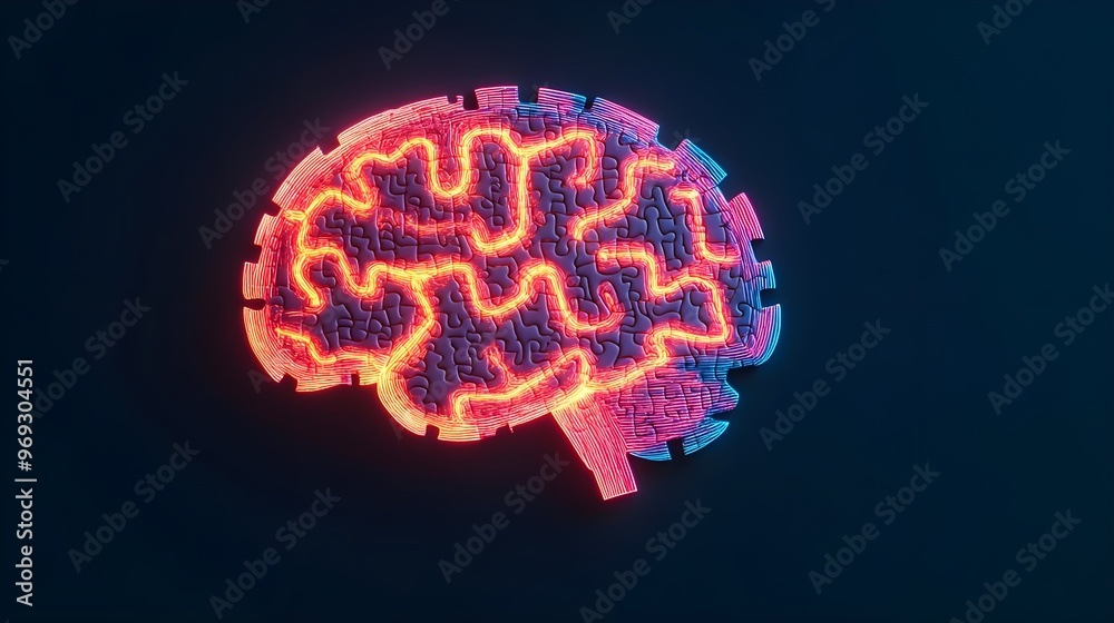 Neon Brain Puzzle, Abstract Concept, Mind Power, Intelligence